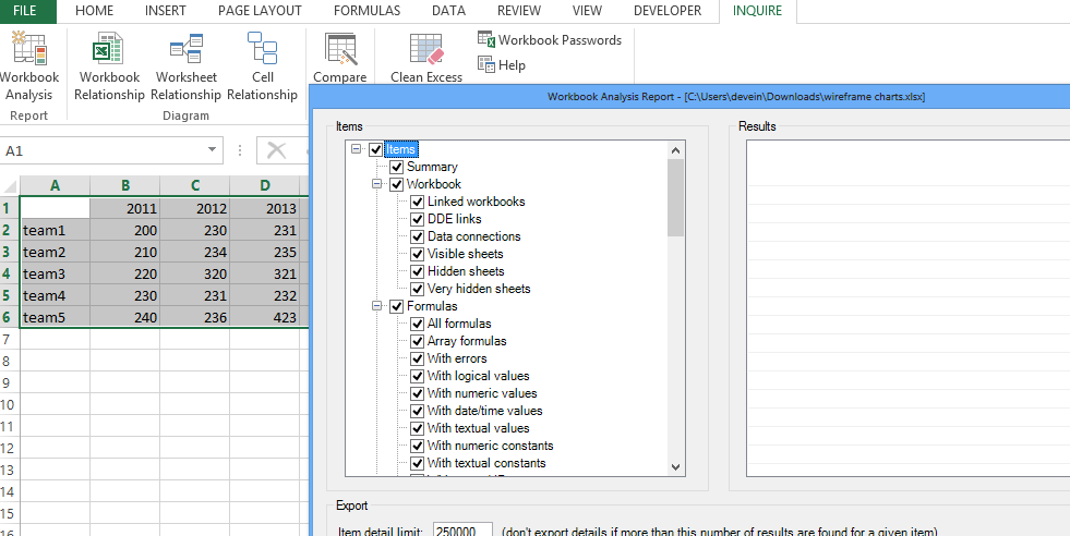 Workbook Analysis Report options